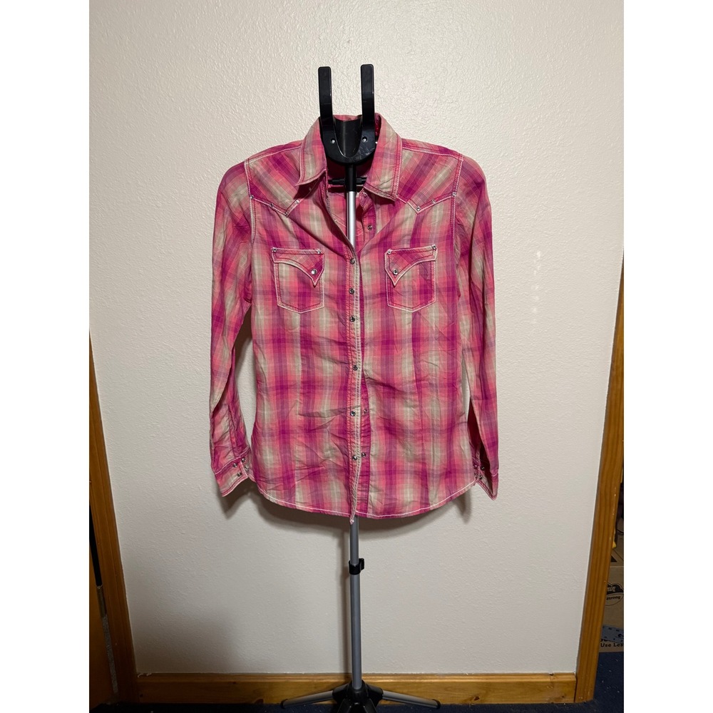 Rock 47 by Wrangler Womens Pink Plaid Western Pearl Snap Rhinestone Shirt Medium